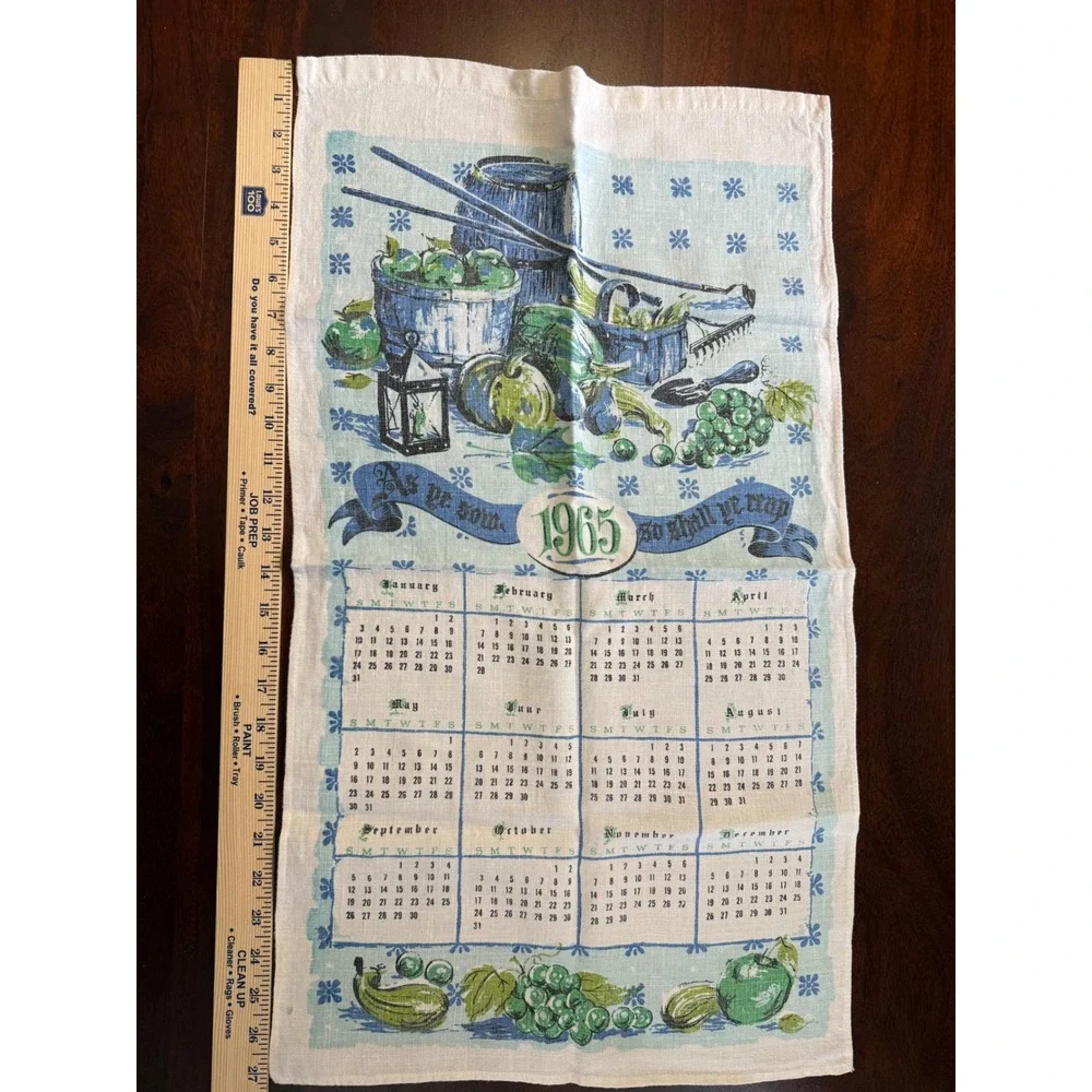 Vintage 1965 Linen Calendar Tea Towel Harvest Garden As Ye Sow So Shall Ye Reap